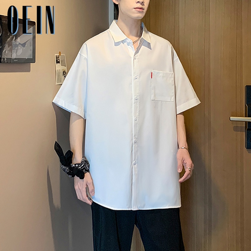 남성용 캐주얼 루즈 턴다운 칼라 반팔 셔츠, 단색 셔츠, 흰색 빈 스트리트웨어 상의, 남성 의류, 2023 여름